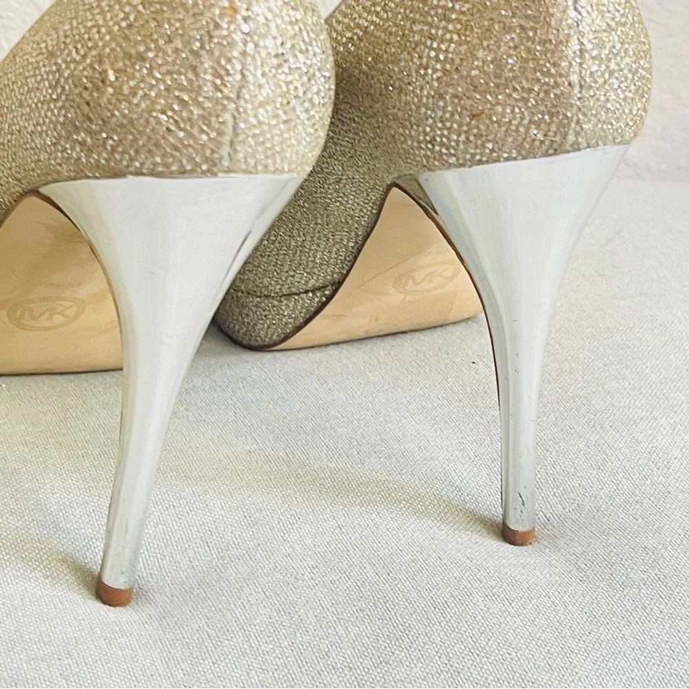 Michael Kors MK Women’s Silver Glitter Peep Toe Heels Shoes Size 7.5M - Picture 6 of 12